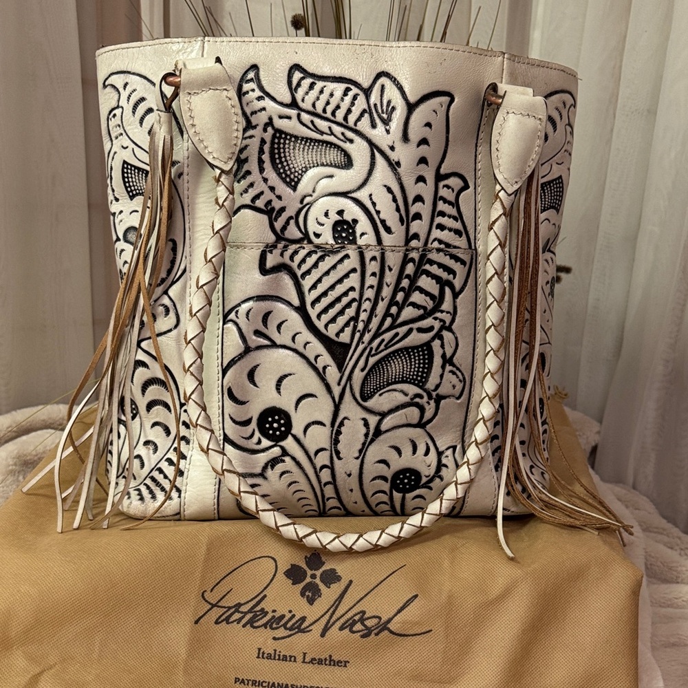 Patricia Nash Rena Cream and Black Leather Tote